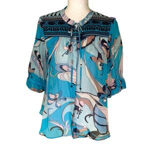 Hale Bob Silk Aqua Blue Abstract Floral Print Tie Neck Blouse - M